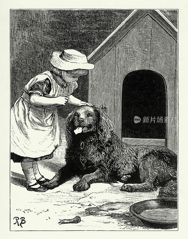 Vintage Young Girl Petting Her Dog，美国维多利亚版画，1882年